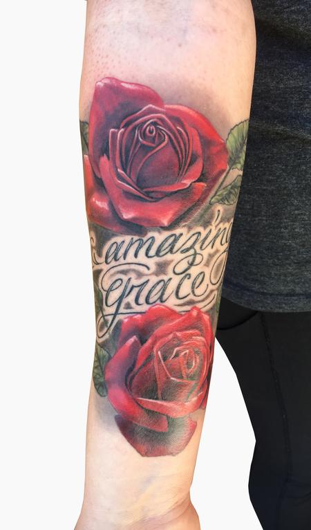Tattoos - Red Color Rose with Leaves on Forearm Lettering Amazing Grace - 130554